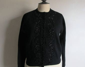 Vintage 1960s Cardigan Rockabilly 60s Wool Black Floral Beaded Knit Sweater 38 Small