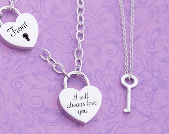 Engraved Locking Necklace - Heart and Key - Locking Day Collar - Heart Lock Necklace - Locking Jewelry - Key Necklace - Engraved Jewelry