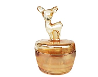 Vintage Glass Trinket Box Jennette Glass Powder Jar Marigold Glass Deer