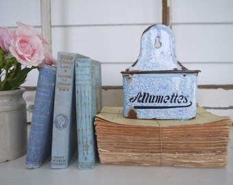 Vintage French Blue and White Enamel Allumettes Hanging Match Box with Lid
