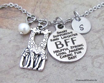 BFF Two Giraffes Personalized Hand Stamped Initial Birthstone Antique Silver Best Friends Giraffe Necklace