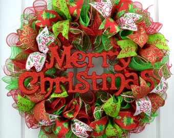 Merry Christmas Wreath - Front Door Holiday wreath - Red and Lime Green Wreath - Red Christmas Monogram Wreath - Christmas Party Decor