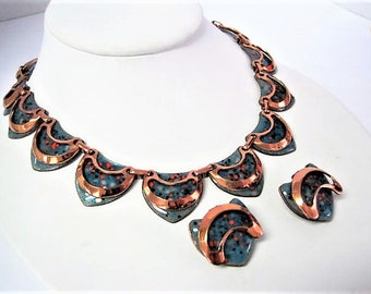 Matisse Necklace Set, Aqua Orange Enamel on Copper, RARE Color Necklace Set from the 50's
