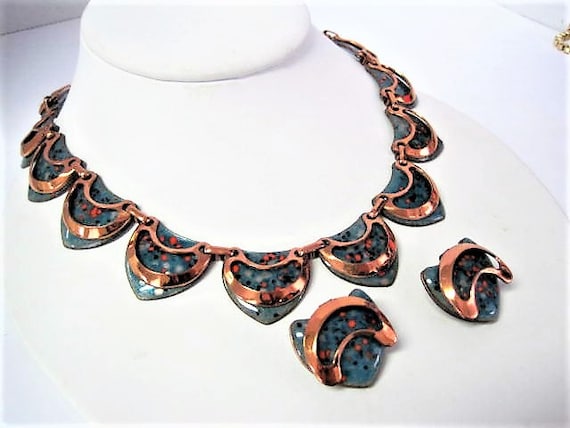Matisse Necklace Set, Aqua Orange Enamel on Copper, RARE Color Necklace Set from the 50's