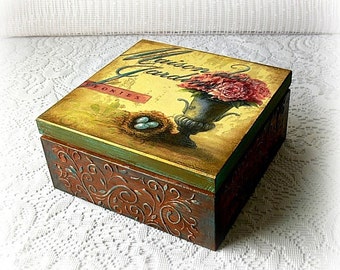 Wooden tea box , jewelry box , decoupage box , vintage style box , peonies box