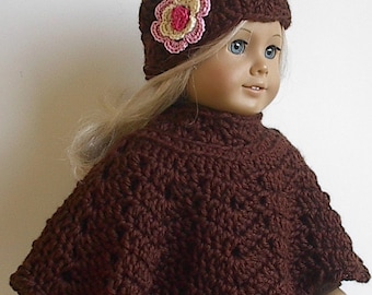 18 Inch Doll Crocheted Brown Poncho Set with Flowered Hat handmade to fit the American Girl and other similar dolls