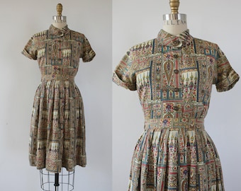 vintage 50s dress set / 1950s Egyptian Dress / 50s Dress Set / novelty print dress / SZ XS S Small