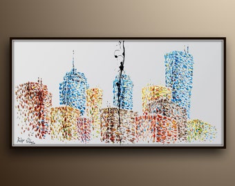 Buildings Painting 67" Skyline cityscape original oil painting on canvas, thick layers, Luxury looks, Large canvas, By Koby Feldmos