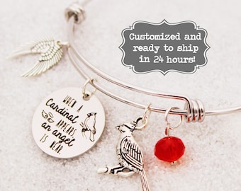 When A Cardinal Appears, An Angel is near Bangle Bracelet, Custom Name Charm Bracelet, Grieving, Loss of Loved One, Death of Family Friend