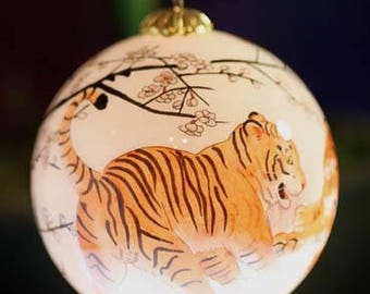 Asian Tigers Glass Ornament Painted with 2-Hair Brush in Reverse on Inside