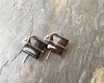 Puffy Square Smoky Quartz Littles Earrings Brown Chocolate Talisman Sterling Silver Good Luck