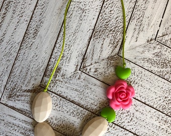 Teething necklace - pink rose w/ cream accents