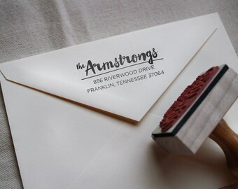 Custom Calligraphy Stamp, Return Address, Wood Mounted Rubber Stamp with Handle or Self-Inking, Armstrong Style