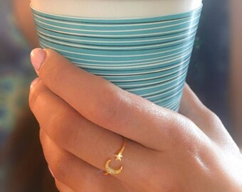 Moon & Star ring-Star Ring-Moon Ring-CZ Gold Ring-Dainty Gold Stacking Ring-Gold Sterling Ring-Moon Star Band moon ring Delicate ring