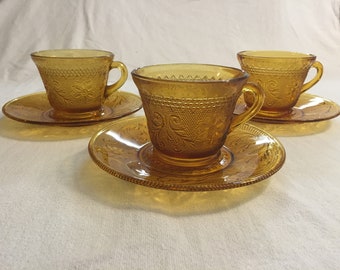 Vintage Tiara Sandwich Glass Cups & Saucers in Amber, 3 sets
