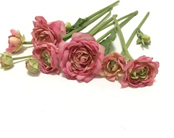 Artificial DUSTY PINK Ranunculus Flowers- Bud to Bloom on Stems- Artificial Flowers, Silk Flowers, Flower Crown, Millinery, Wedding Flowers