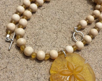 Sea Glass Sand Dollar and Wood Necklace