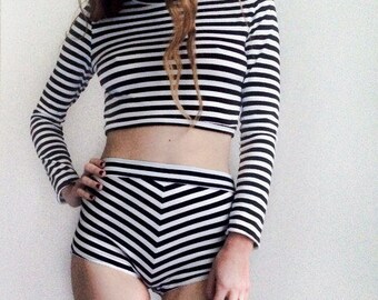 Black and White Stripe Set High Waist Brief and Long Sleeve Crop, 90s Clothing, High Waist Panties, Chevron Panties, Striped Shirt