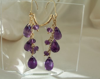 Amethyst briolette gold filled dangle interchangeable leverback earrings 2 1/8" total gemstone handmade item 826