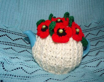 crochet tea cosy for 2 cup teapot,poppy flower,red,cream,pearls