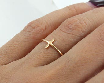 Stacking 14K Gold Plated Ring - Gold Cross Ring - Main material Sterling Silver - Stackable Ring-