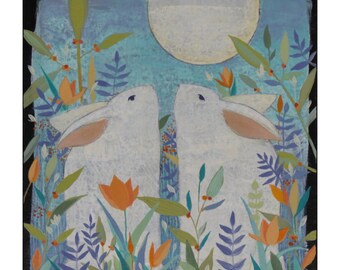 Two Rabbits,small painting, Art, Painting on Canvas , original artwork, 8 x 8 inches,home decor,wall art