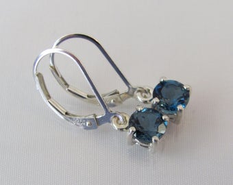 London Blue Topaz Earrings, Natural London Blue, Sterling Silver, Leverback Gemstone Earrings, December Birthstone, Blue Dangle Earrings