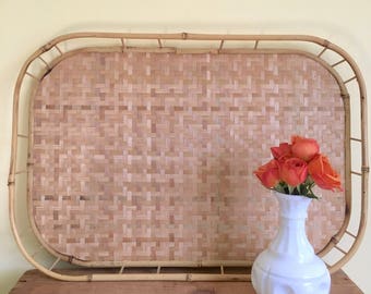 Vintage Woven Straw and Bamboo Tray, Boho 1970's Decor, Serving Tray, Breakfast Tray
