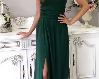 Dark Green Maxi Dress V Neck Sleeveless High Slit Sash