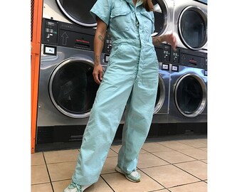 Vintage M/L hand-dyed zip up coveralls short sleeves mechanic jumpsuit flightsuit flight suit workwear work wear MINT GREEN