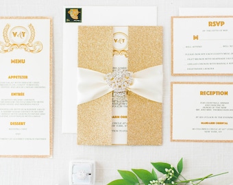 Gold Glitter Wedding Invitation Card/Great Gatsby Invitation Card/Quinceanera Invite/Sweet 16 Invitation/Bat Mitzvah/Art Deco/Menu/Reception