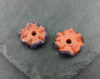 Matching orange and blue handmade lampwork glass ruffled discs | etched glass | earring pair