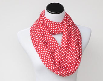 Red scarf Infinity scarf red white polka dots soft cotton jersey knit scarf circle scarf loop scarf Mother's day gift for woman teenage girl