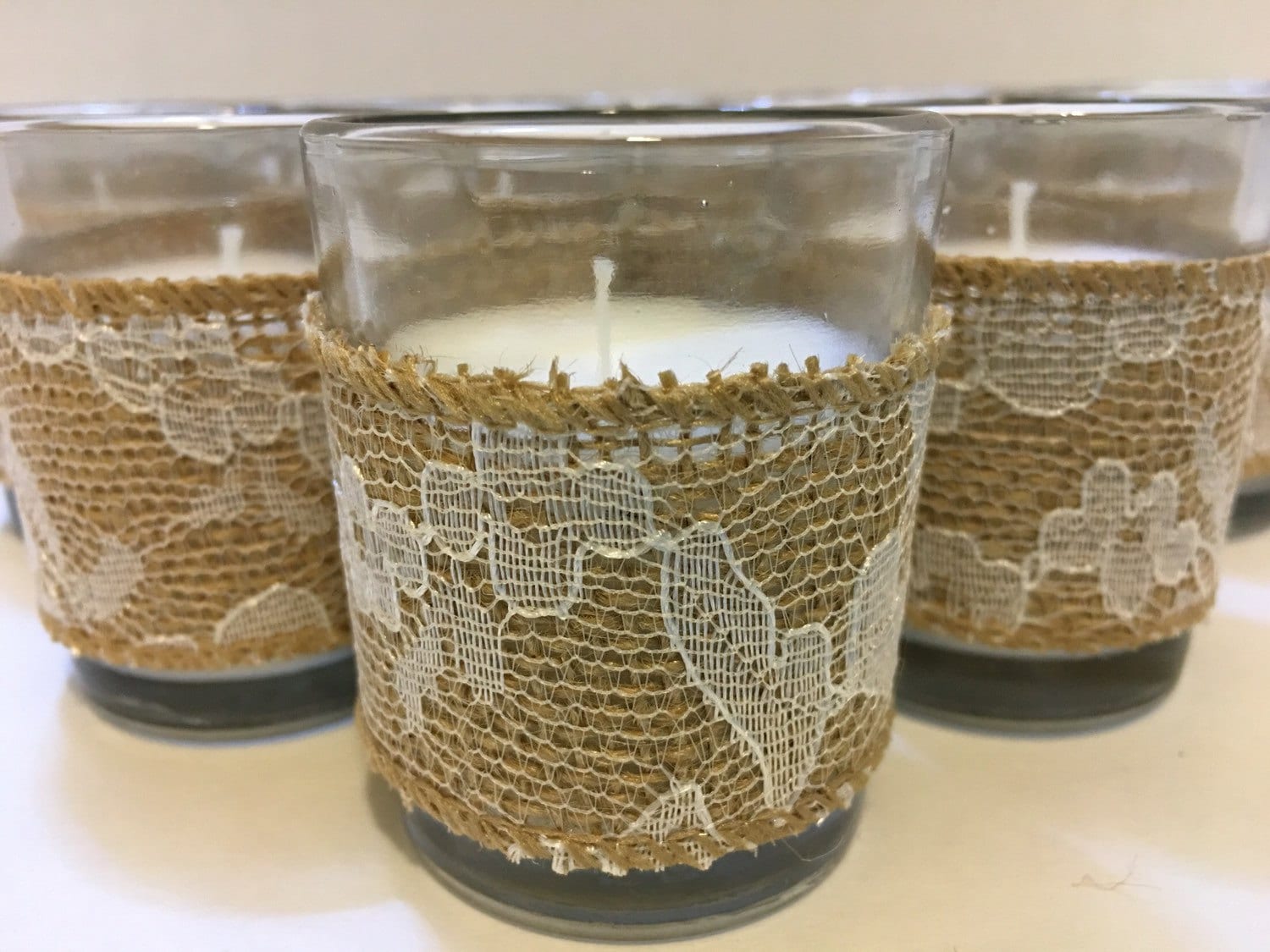 Set of 12 Wedding Votive Candle Holders Burlap Lace Votive