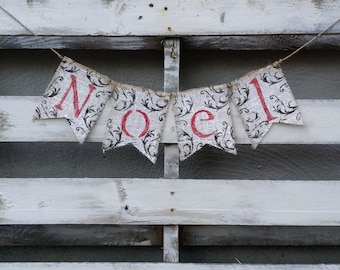 Noel Burlap Banner, Vintage Christmas Decor, Christmas Banner, Holiday Decor, Rustic Winter Decor, Holiday Photo Prop