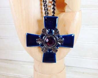 Vintage Deep Blue Enamel Cross Necklace