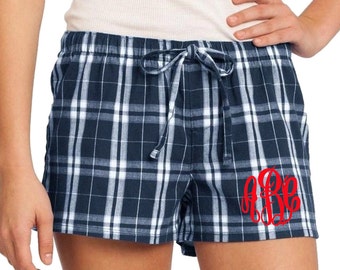 Monogrammed Plaid Flannel Boxer Pajama Short- Navy Plaid Flannel Boxer PJ Shorts- Women's Monogrammed Plaid Lounge Shorts- Monogram PJ