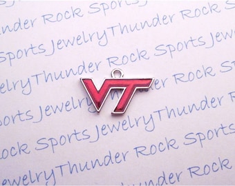 VIRGINIA TECH HOKIES Charm Antique Silver Plated with red enamel University logo College Pendant