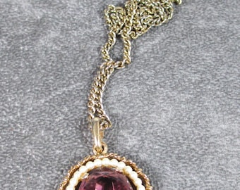 Vintage Avon Purple Amethyst Pendant Necklace with Tiny Seed Pearls