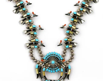 1970s Vintage Zuni Peyote Bird Inlay Squash Blossom by L. Laiwakete