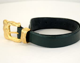 1980s belt Carlisle leather belt brushed gold wavy buckle dark green Size 26-30 waist