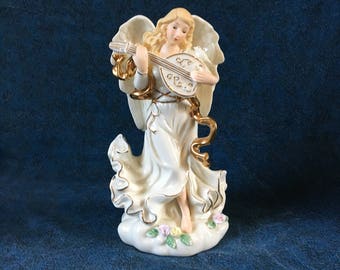 Vintage Seraphim Angel with Mandolin Figurine, Angel with Peace Dove Statuette