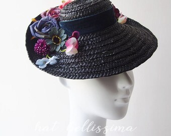 SALE black 1940's Vintage Style straw hat Tilt Hat Summer hat Derby Hat formal hats hatbellissima ladies' and misses' hats millinery
