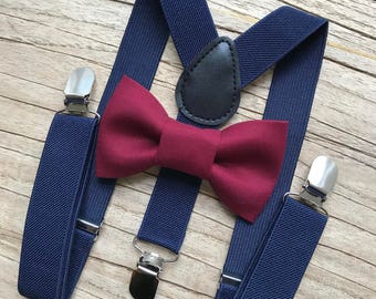 Bowtie & Suspenders- Crimson Bowtie/Navy Suspenders/Baby and Toddler Bowties/Birthday/Wedding Party