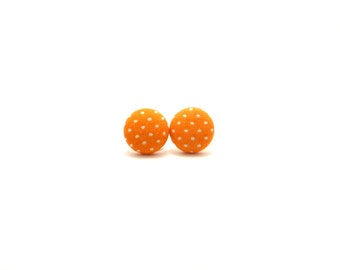 Orange polka dot fabric button earrings - polka dot earrings - orange earrings - gifts for her - pinup girl earrings - vintage earrings