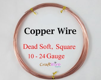 Copper Wire, Square Dead Soft 10, 12, 14, 16, 18, 19, 20, 21, 22, 24, Gauge 5Ft, 10Ft, 15Ft, 25Ft, 50 Feet Crafts and Jewelry Making