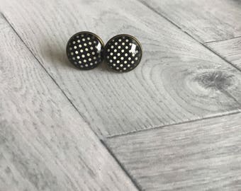 Black cabochon with white dots Stud Earrings