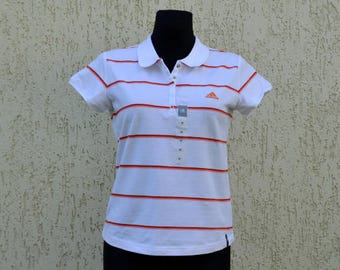 Adidas Polo White Stripped Outdoors Womens T-Shirt NOS Adidas Trefoil Sportswear Polo T-Shirt Short Sleeve Polo Shirt Large Size