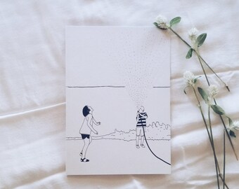 Hose Water Sprinkler Summer Illustrated Greeting Card
