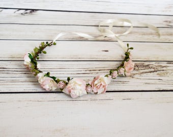Handcrafted Blush and Ivory Rose Flower Crown - Woodland Flower Crown - Wedding Hair Accessory - Pastel Pink Roses - Flower Girl Halo - Bows